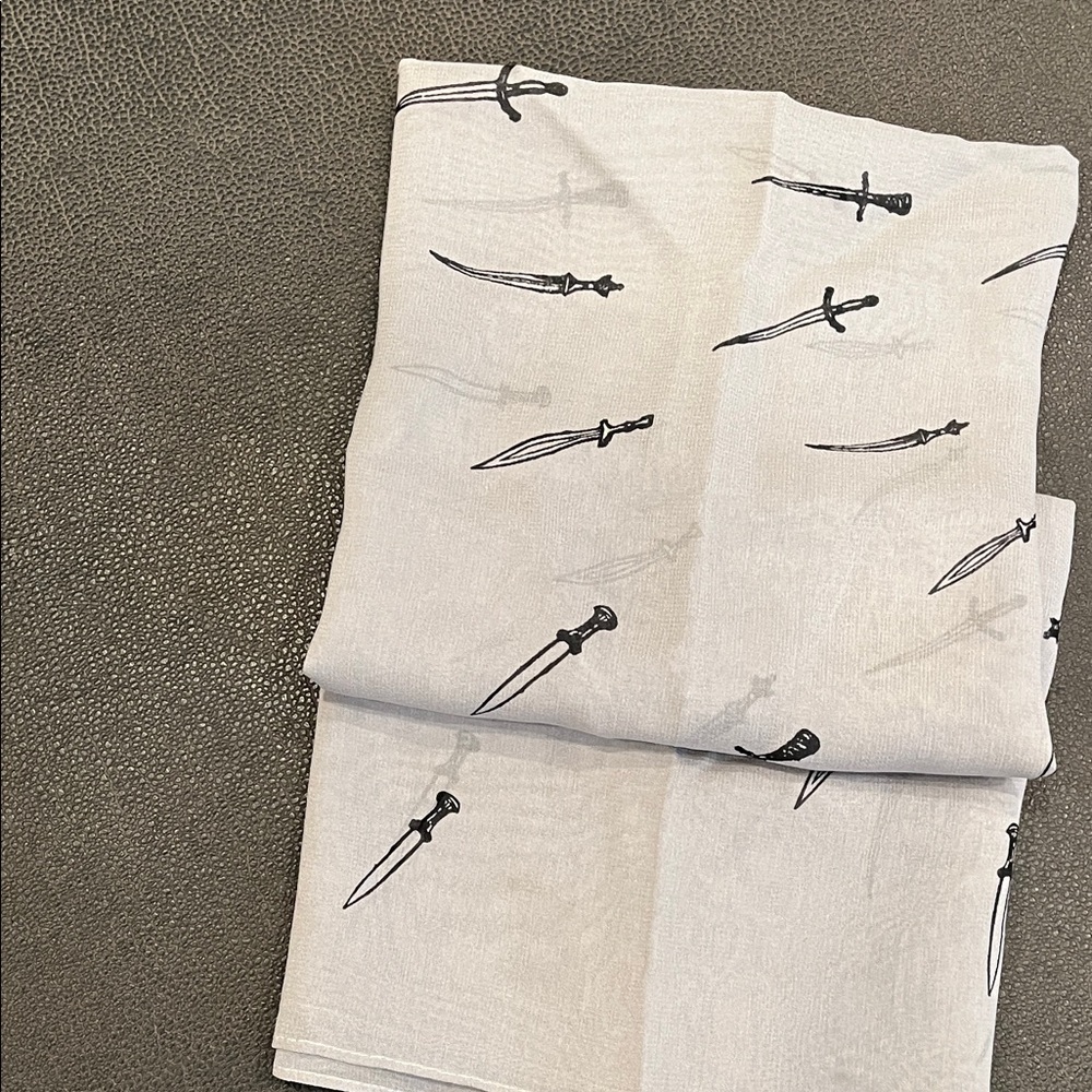 Gray Scarf with Black Sword Print by Rag and Bone 35in x 35 in